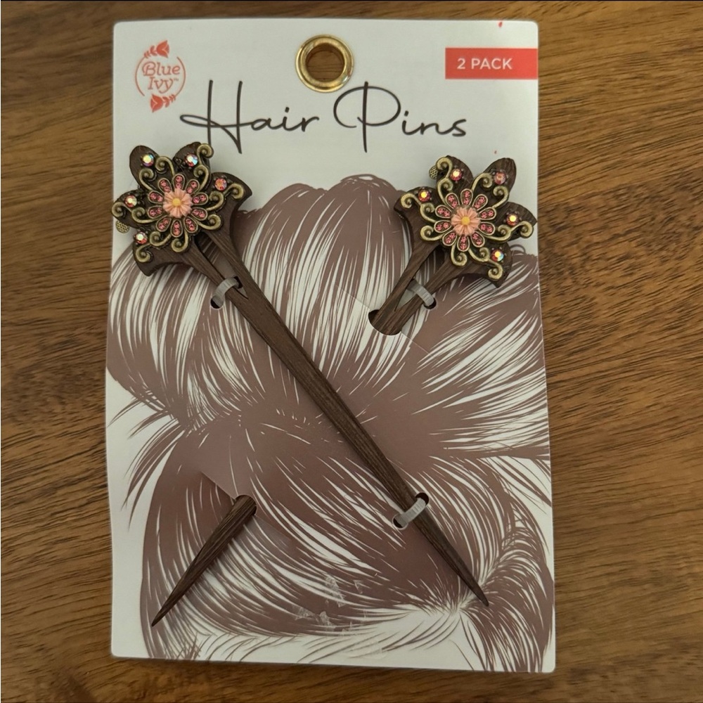 Blue Ivy Floral Wooden Hair Pins with Brown and Pink Accents